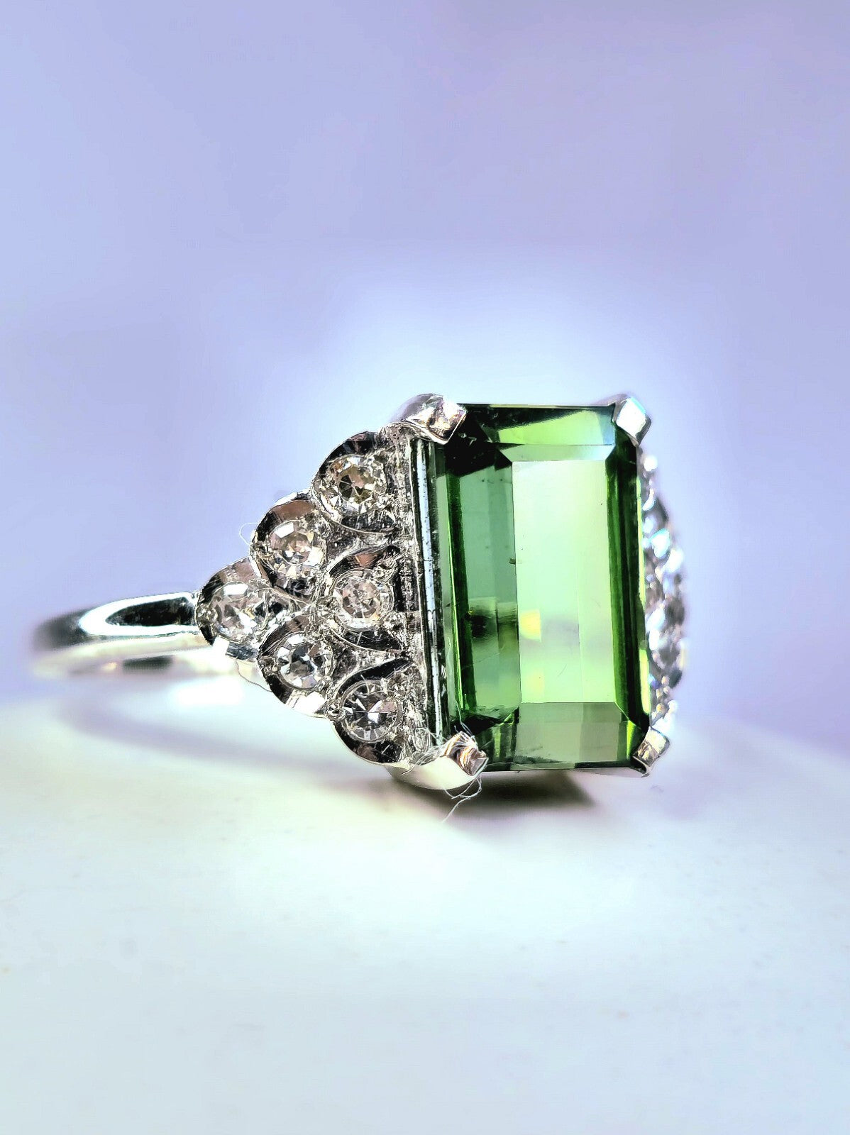 Stunning 18ct White Gold Tourmaline/Diamond Dress Ring Cocktail size R Hallmark