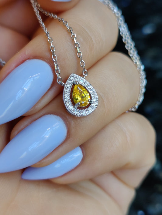 Beautiful Solid Silver Necklace with Yellow Pear CZ and White Halo, Hallmarked