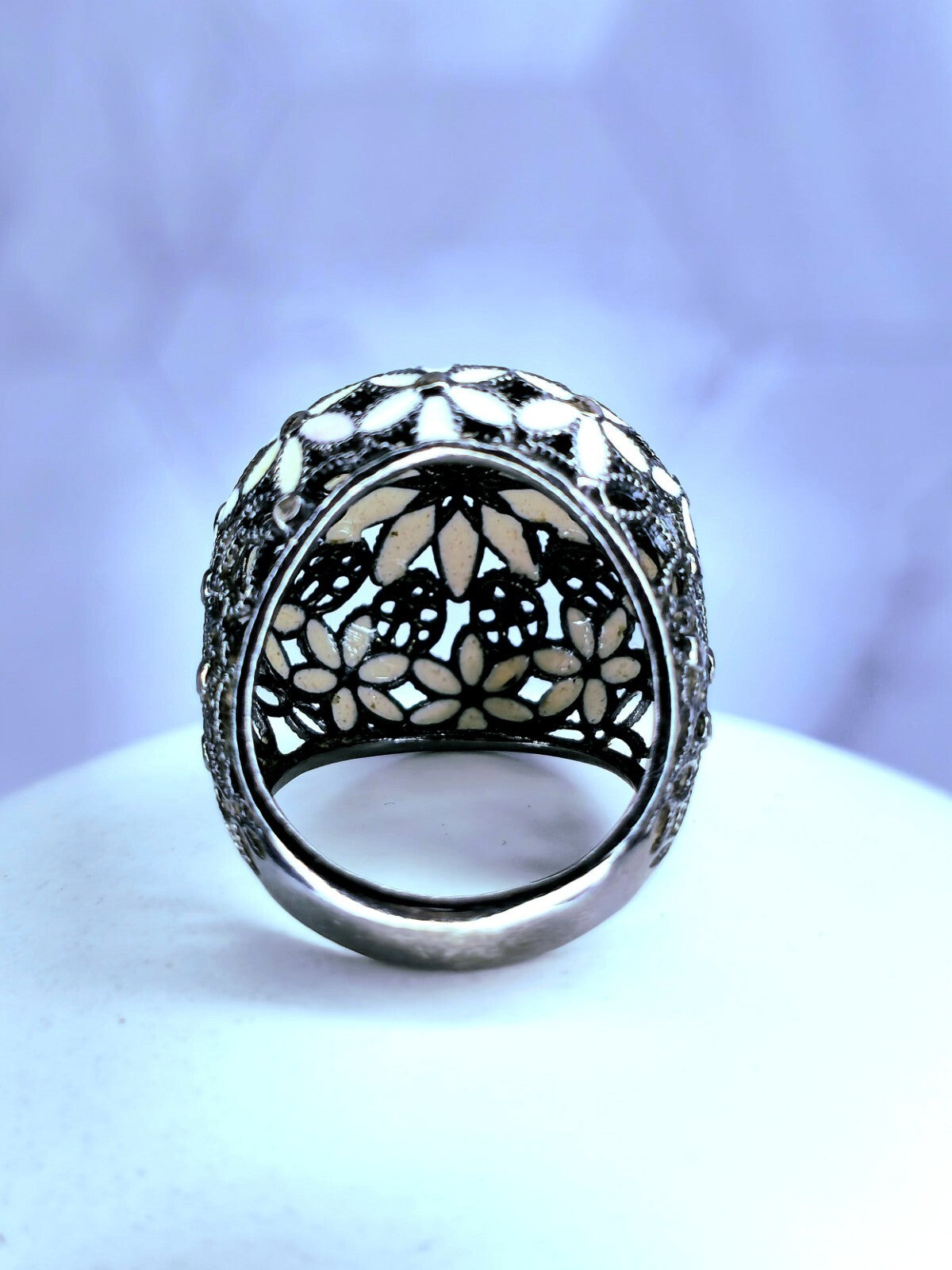 Sterling Silver 925 Ring Art Decor Oxidised Enamel Dress Cocktail, size O+ Black