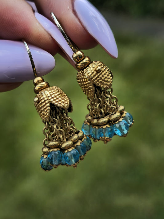 Solid 18K Yellow Gold Blue Topaz Chandelier Dangle Drop Earrings Hook Indian