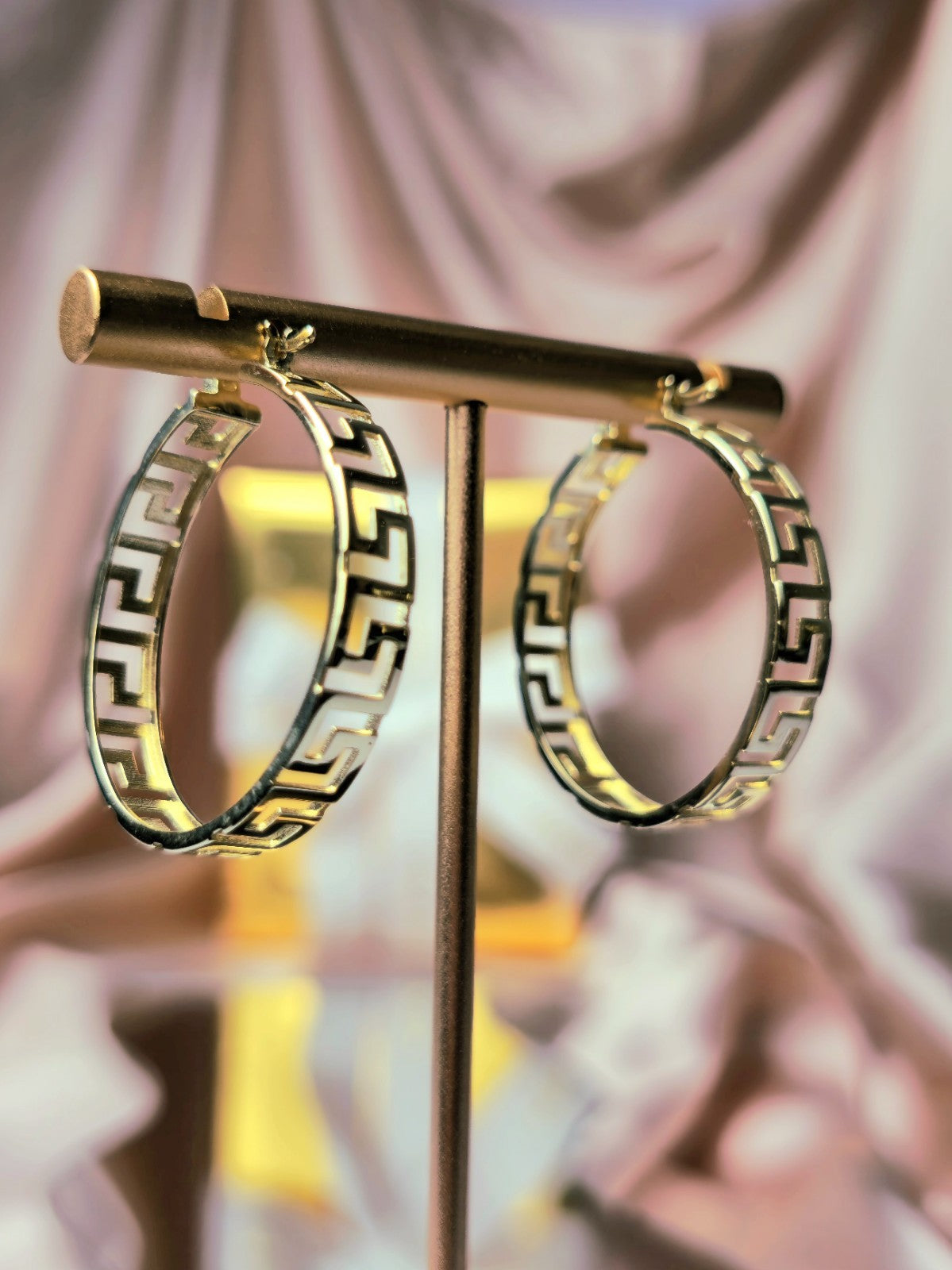 NEW 9ct Yellow Gold Solid Hoop Greek Key Earrings See Through Wide Hoops