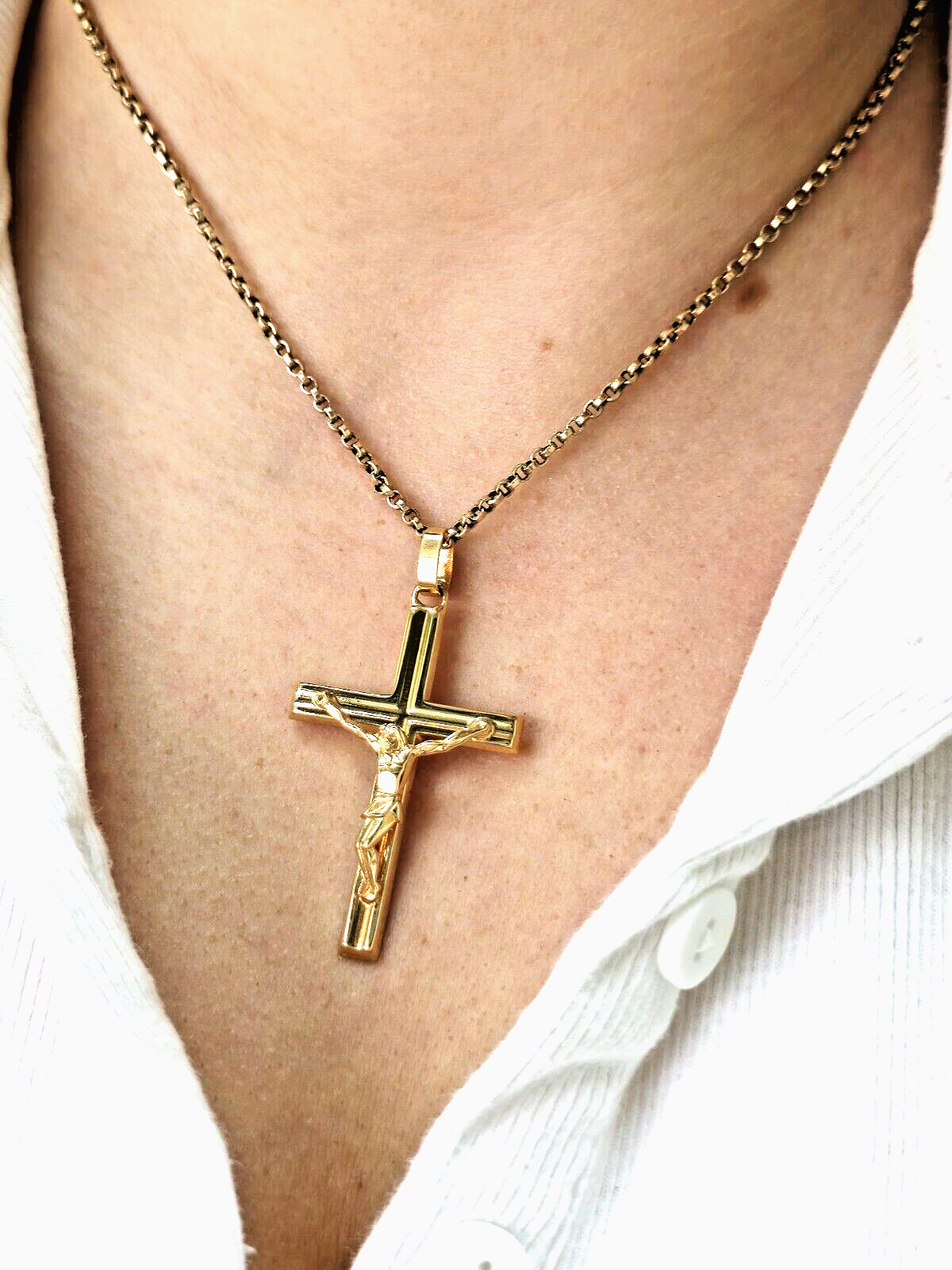 New Solid 9ct Yellow Gold Square Cross with Jesus Pendant 50mm x 30mm Hallmarked