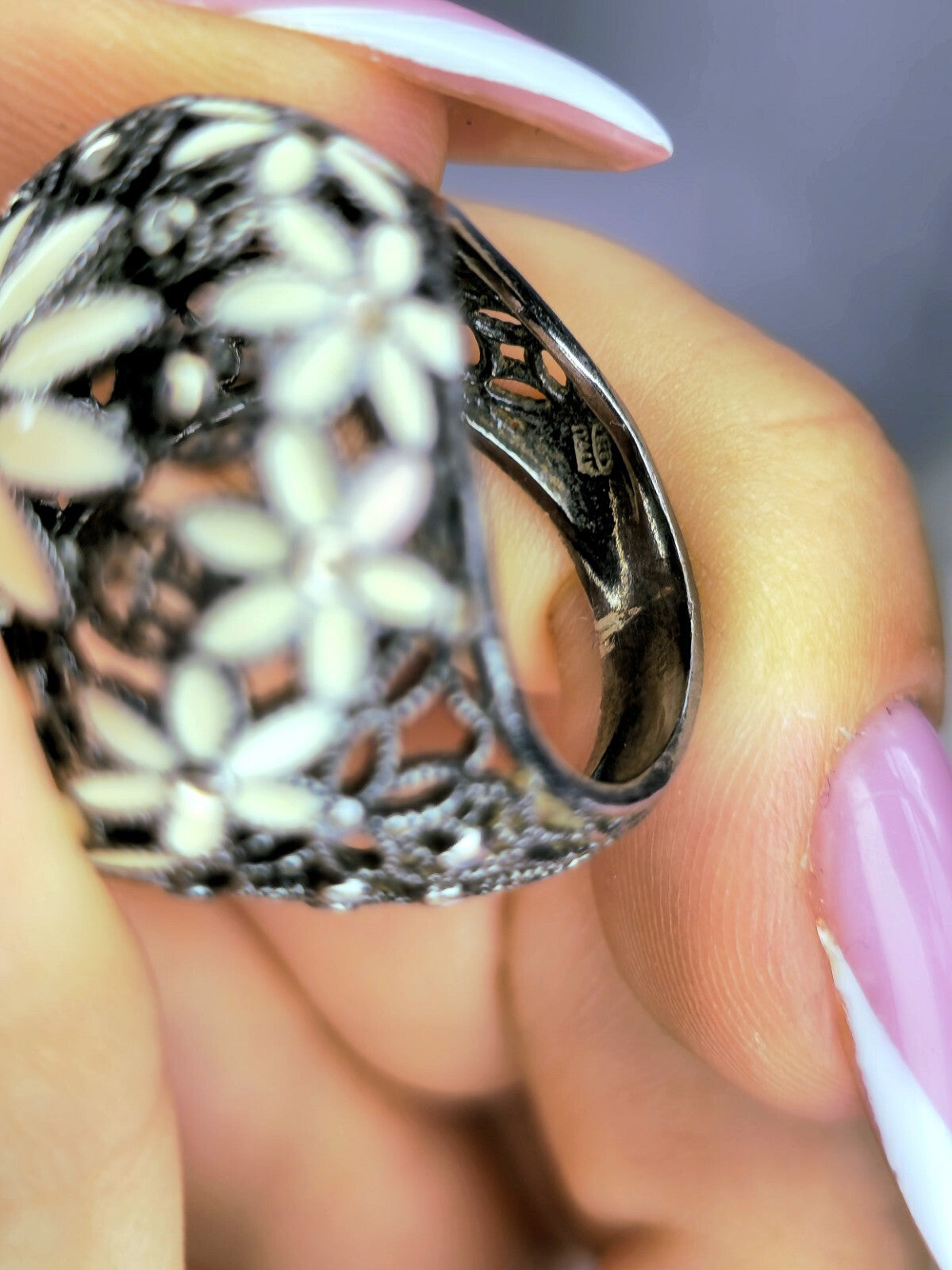 Sterling Silver 925 Ring Art Decor Oxidised Enamel Dress Cocktail, size O+ Black