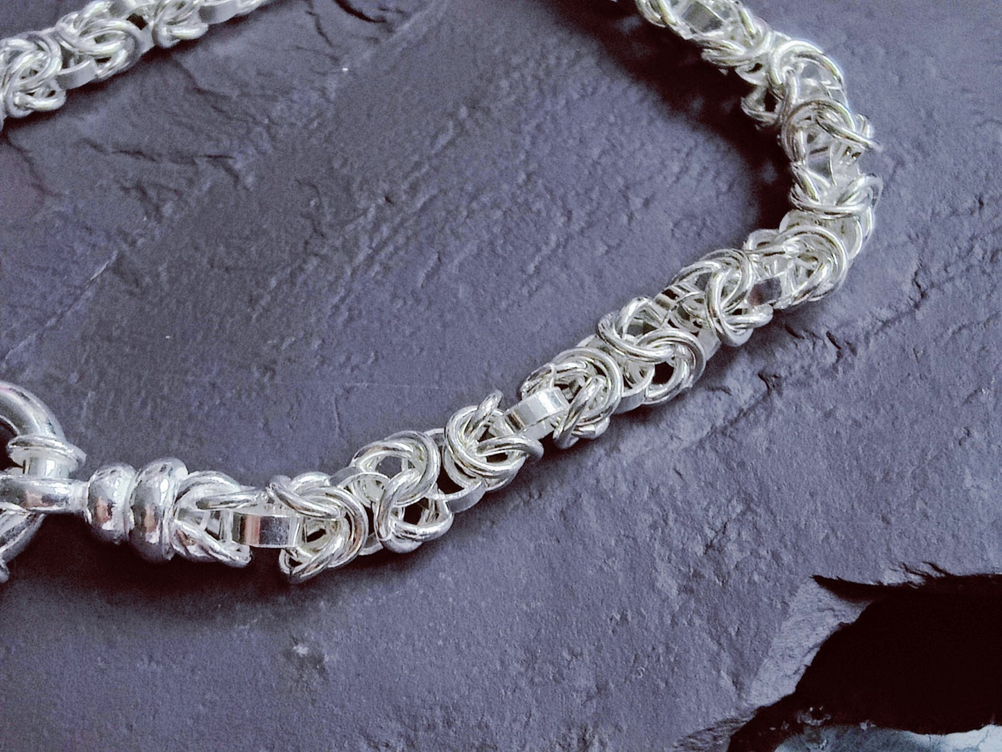 925 Sterling Silver Chunky Heavy Chain Bracelet 19grams Round Byzantine 6mm