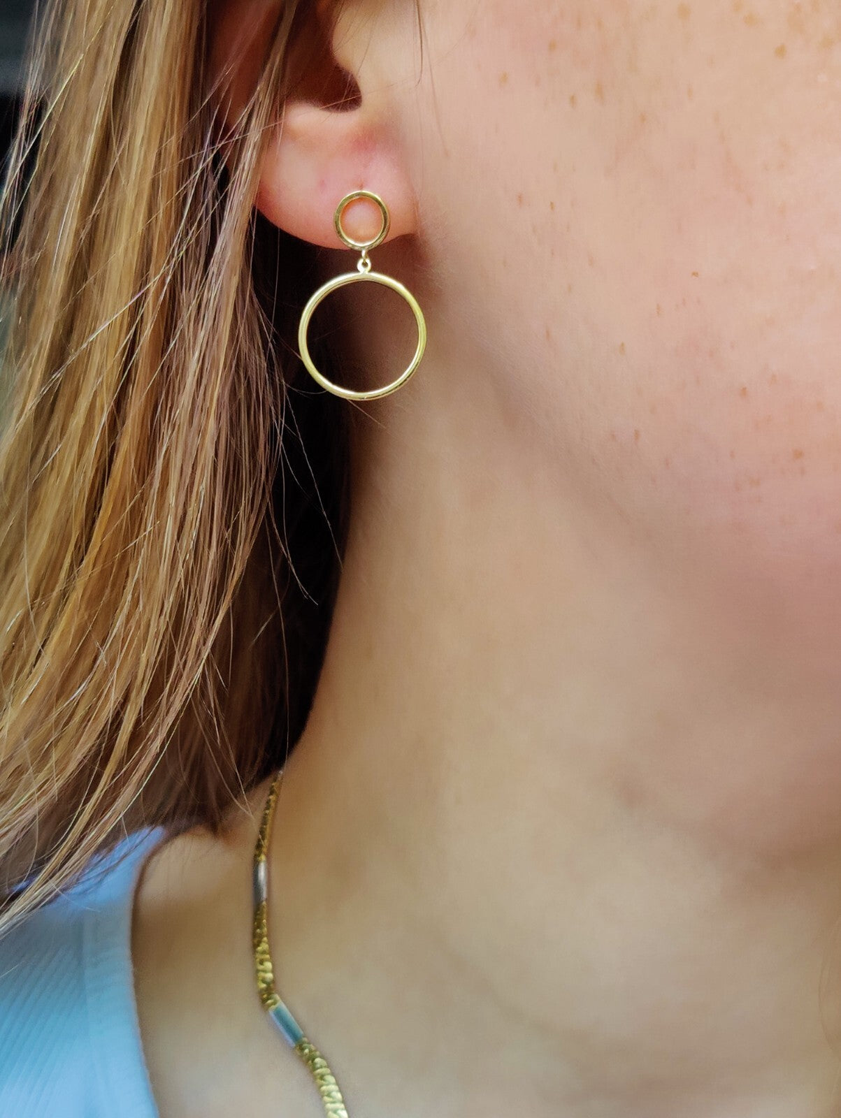 NEW 9ct Solid Yellow Gold Drop Earrings Double Circle With Butterfly Fitting