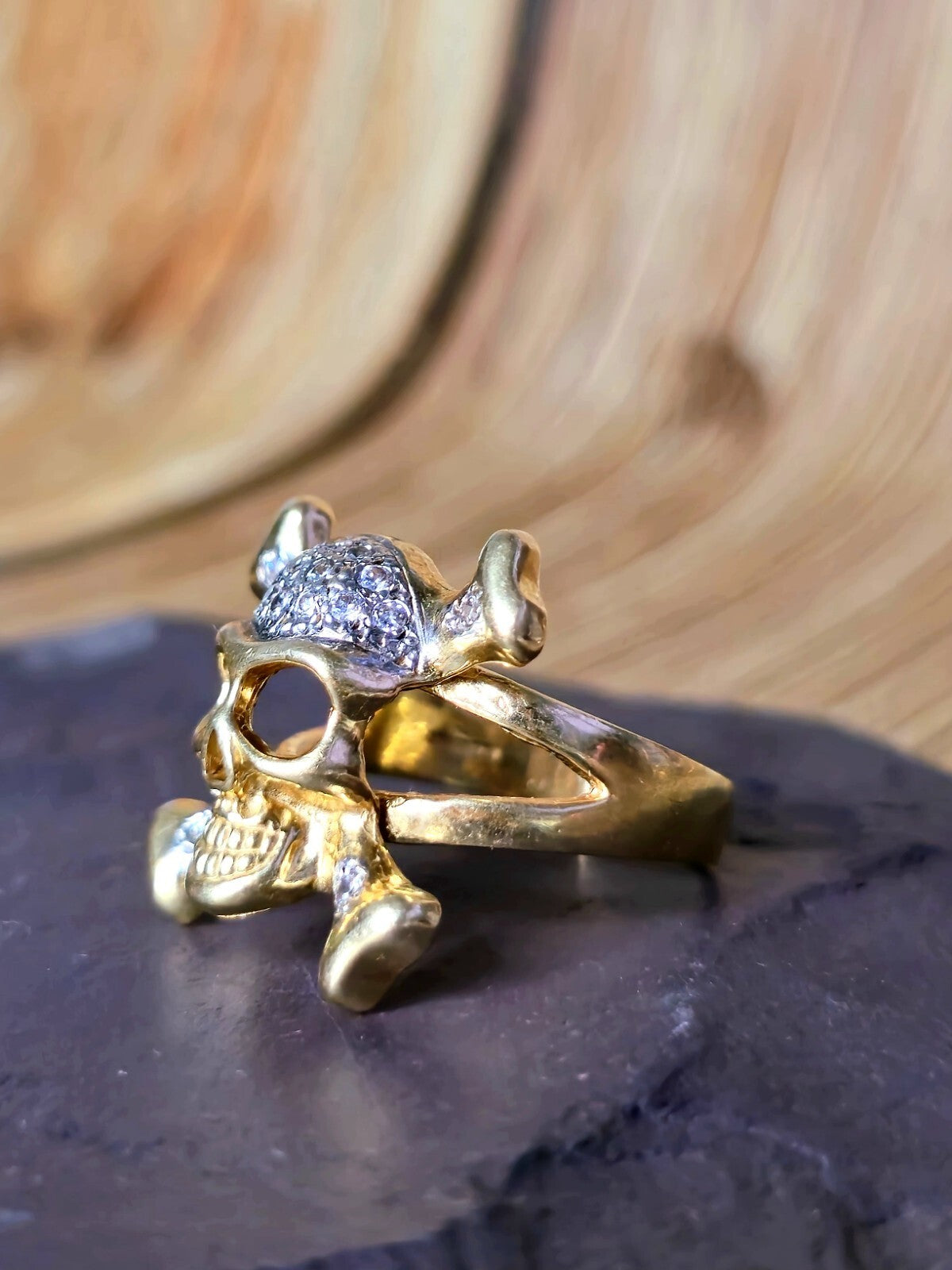 Solid 9ct Yellow Gold Signet Ring big size: Z+1 Skull C/Z Skeleton Heavy Chunky