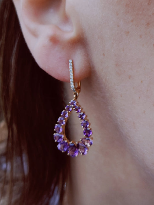Solid 18K Rose Gold Amethyst & Diamond Drop Earrings Pear Shape Elegant