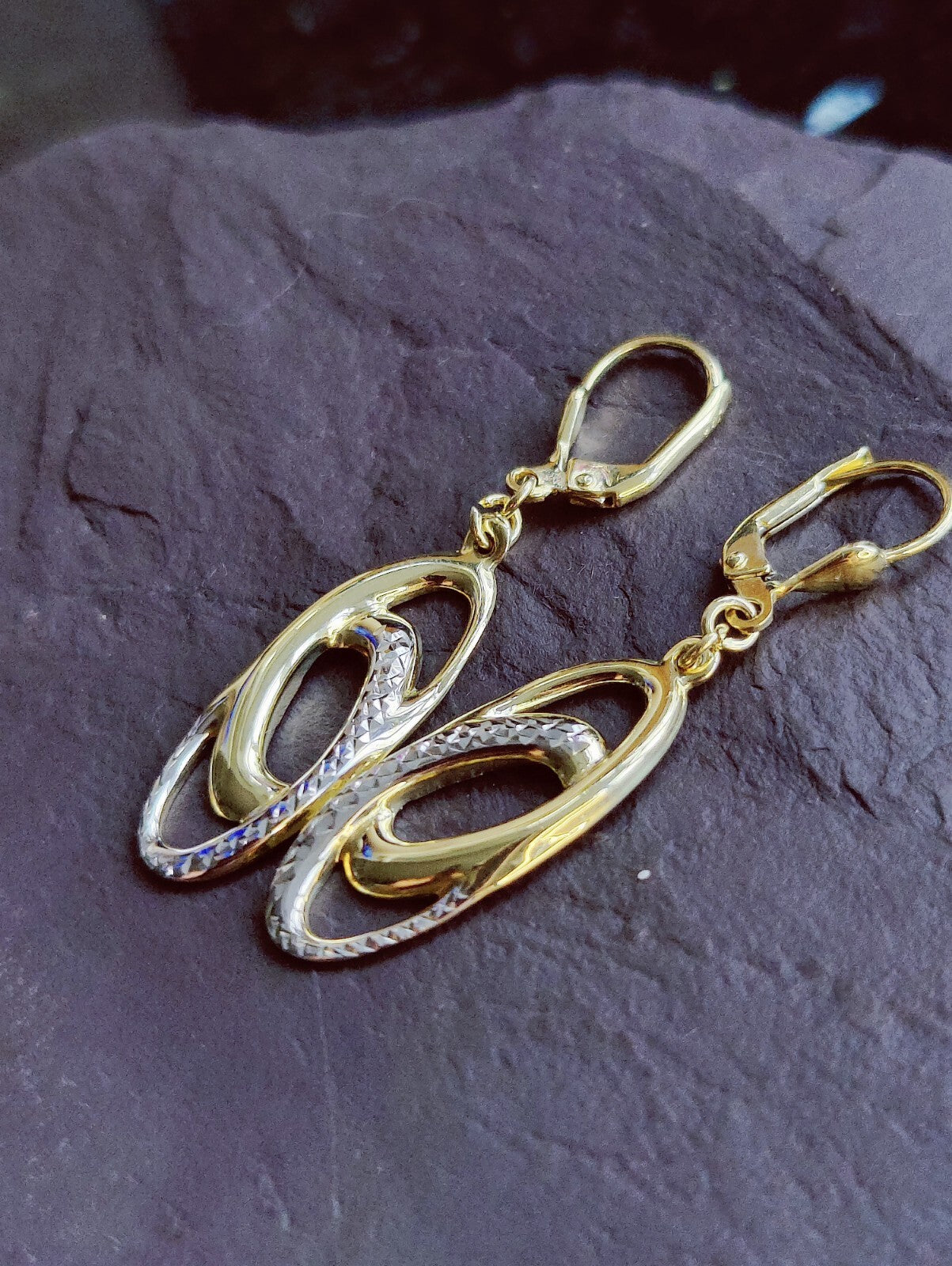 NEW 9ct Solid Yellow/White Gold Drop Dangling Earrings Leverclasp 40mm Long