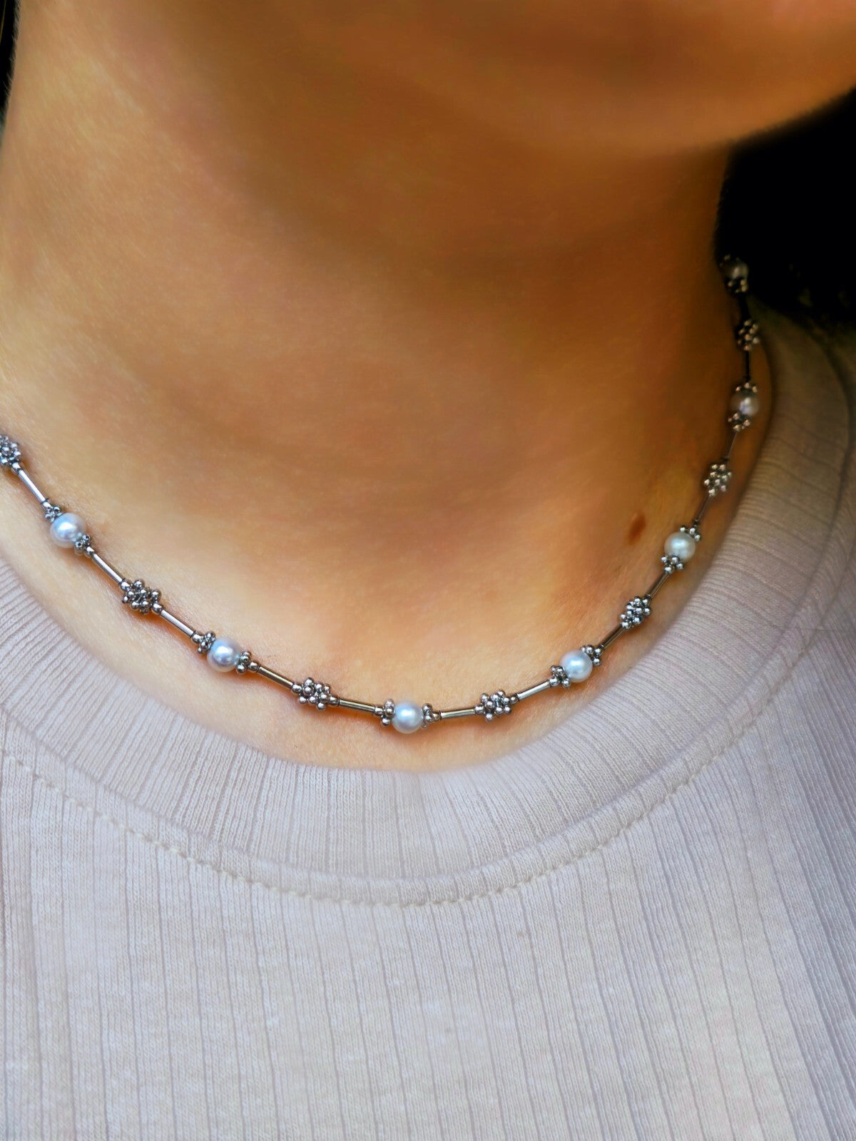 9k White Gold Necklace with Freshwater Pearls Beaded Chain decor 16inch 10grams