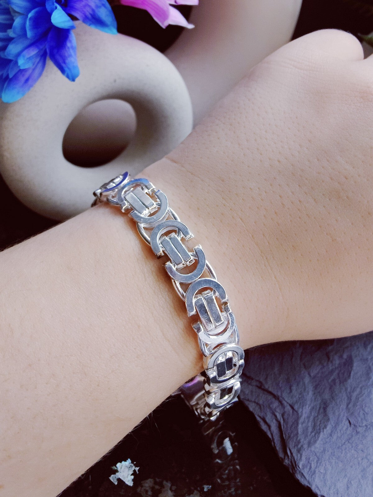 925 Sterling Silver Chunky Heavy Mens Chain Bracelet 43grams Flat Byzantine 10mm
