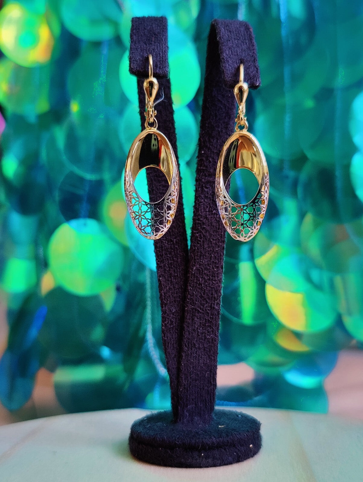 New 9ct Yellow/White Gold Drop Dangly Earrings Hallmarked Decorative Pattern