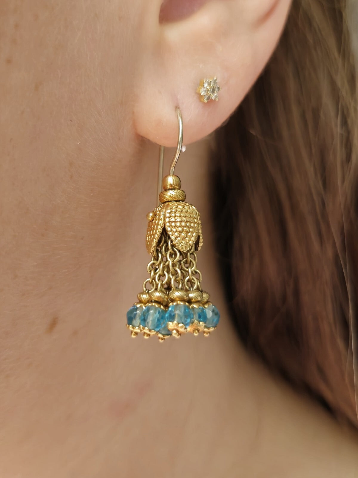 Solid 18K Yellow Gold Blue Topaz Chandelier Dangle Drop Earrings Hook Indian