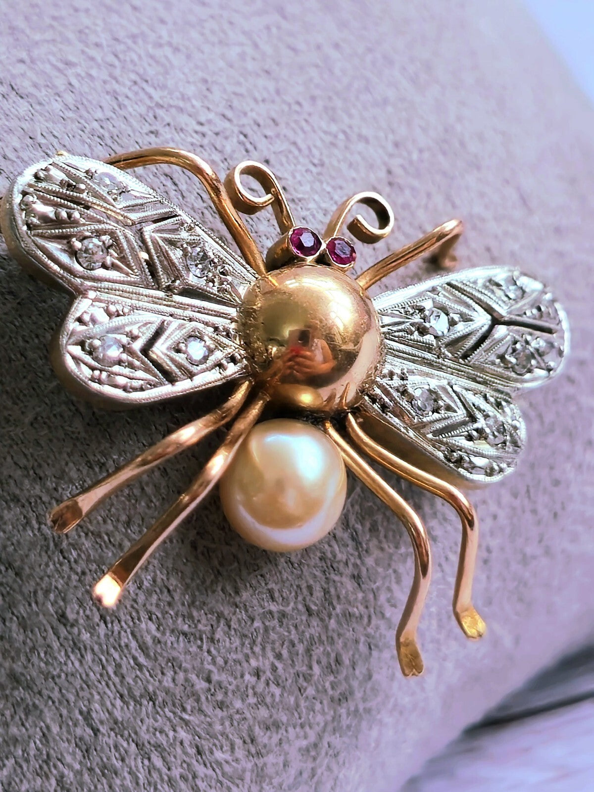 18K Rose Gold & Platinum Antique Victorian Diamonds Ruby & Pearl Bee Brooch Bug