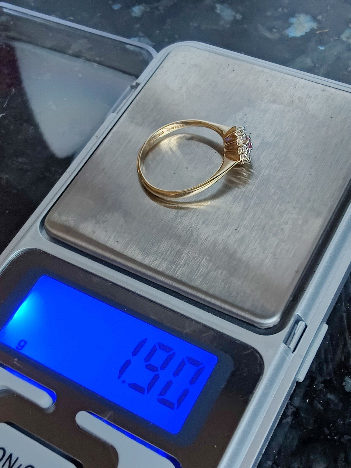 Lovely 9ct Yellow Gold Diamond Ruby Ring Engagement Proposal Flower Ring size M+