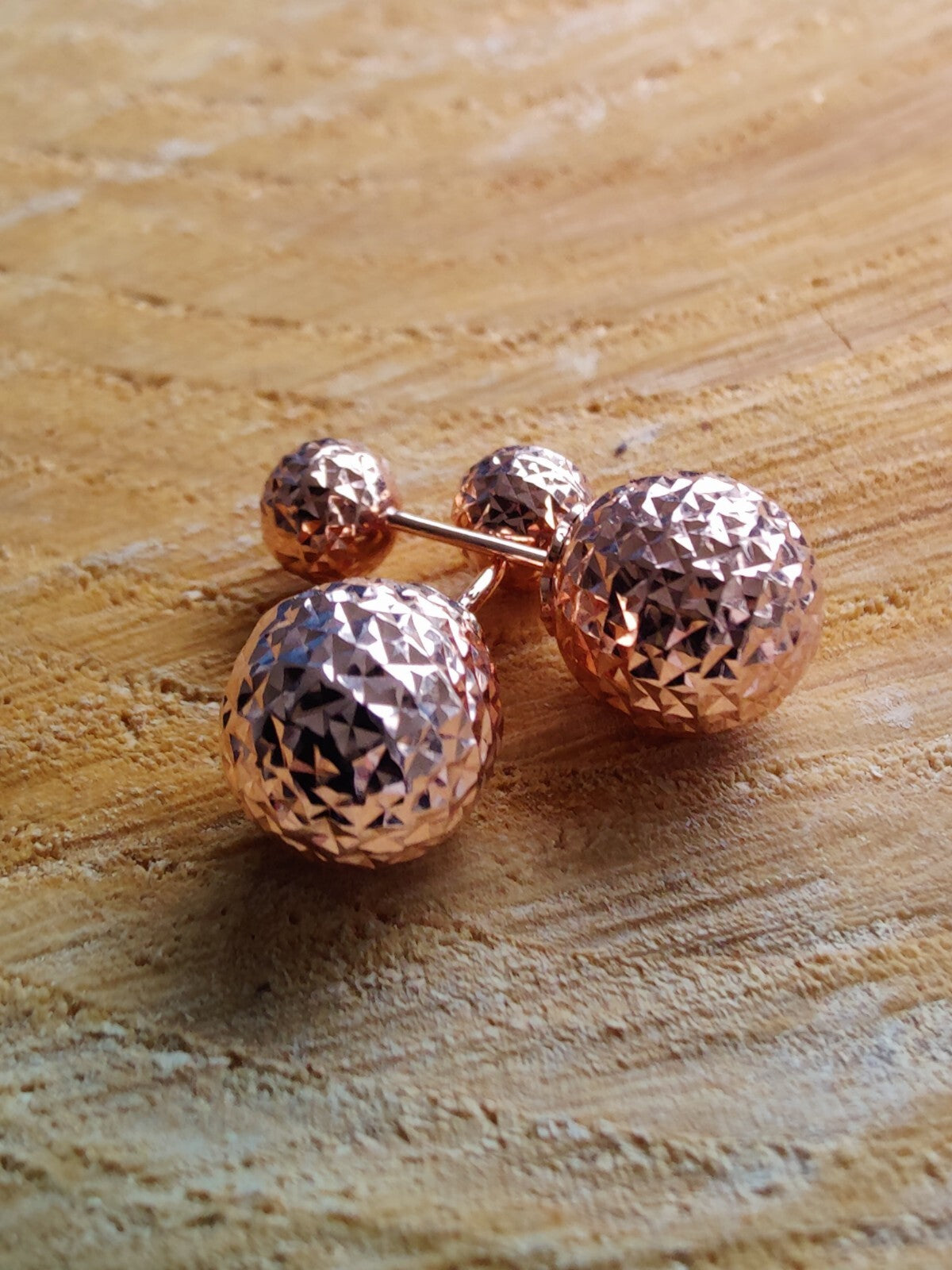 New Double Ball Reversible 9K Rose Gold Stud Earrings 6-10mm Diamond Cut Balls