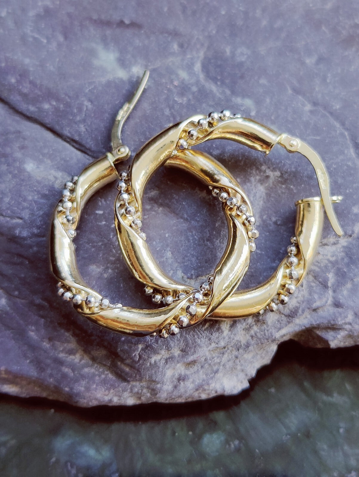 NEW 9ct Yellow/White Gold Twisted Earrings Hoops with Beaded Chain 28mm 4grams