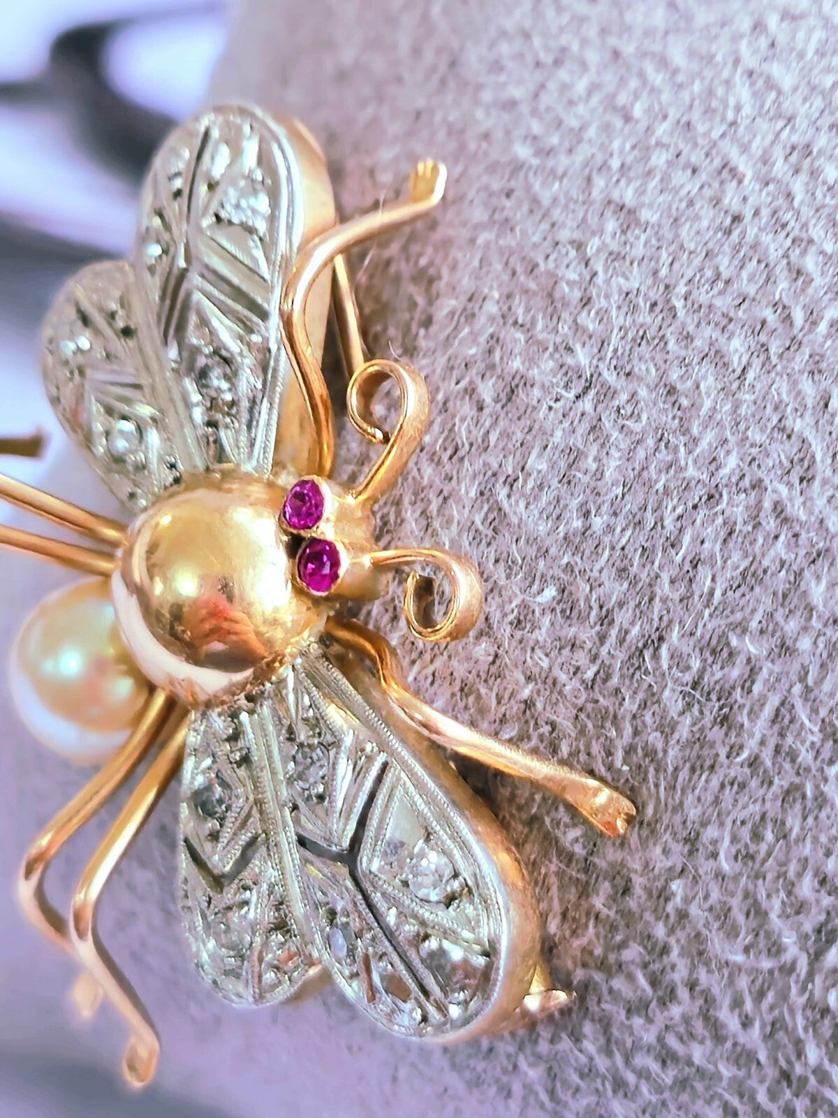 18K Rose Gold & Platinum Antique Victorian Diamonds Ruby & Pearl Bee Brooch Bug