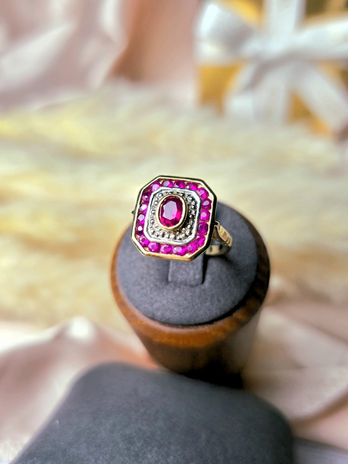 New 18ct Yellow Gold Coctail Square Ruby Ring with 1ct Oval Ruby