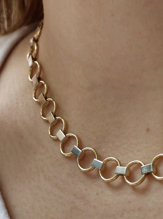 New Fancy 9ct Yellow/White Gold Necklace Collar Chocker Circles/Bars Lovely 11g