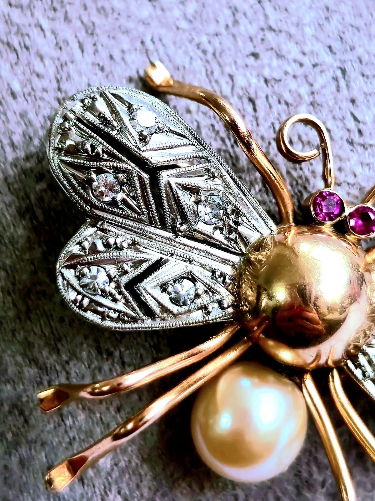 18K Rose Gold & Platinum Antique Victorian Diamonds Ruby & Pearl Bee Brooch Bug