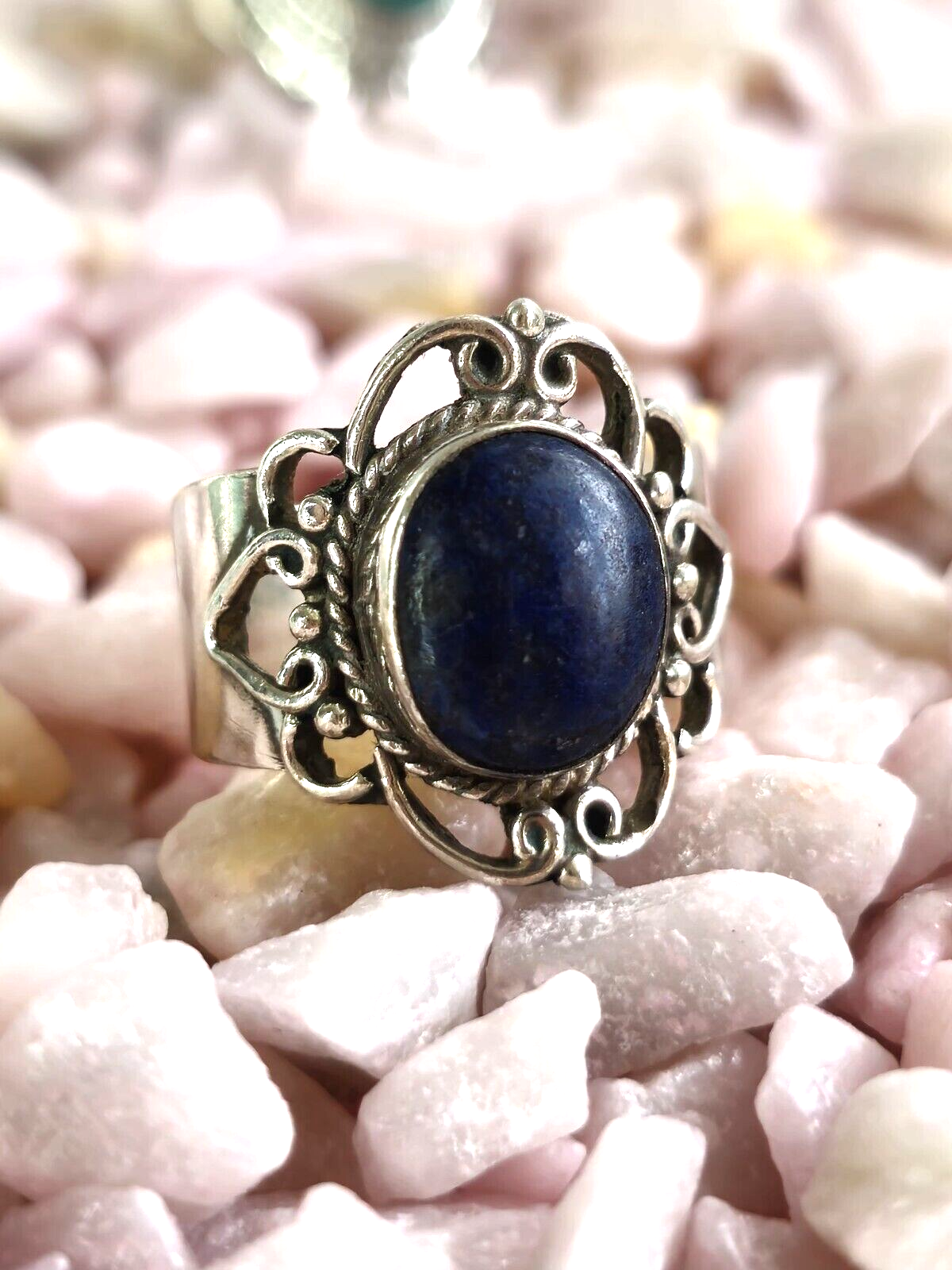 Vintage Like Sterling Silver Dress Cocktail Ring with Lapis Lazuli Oval size S