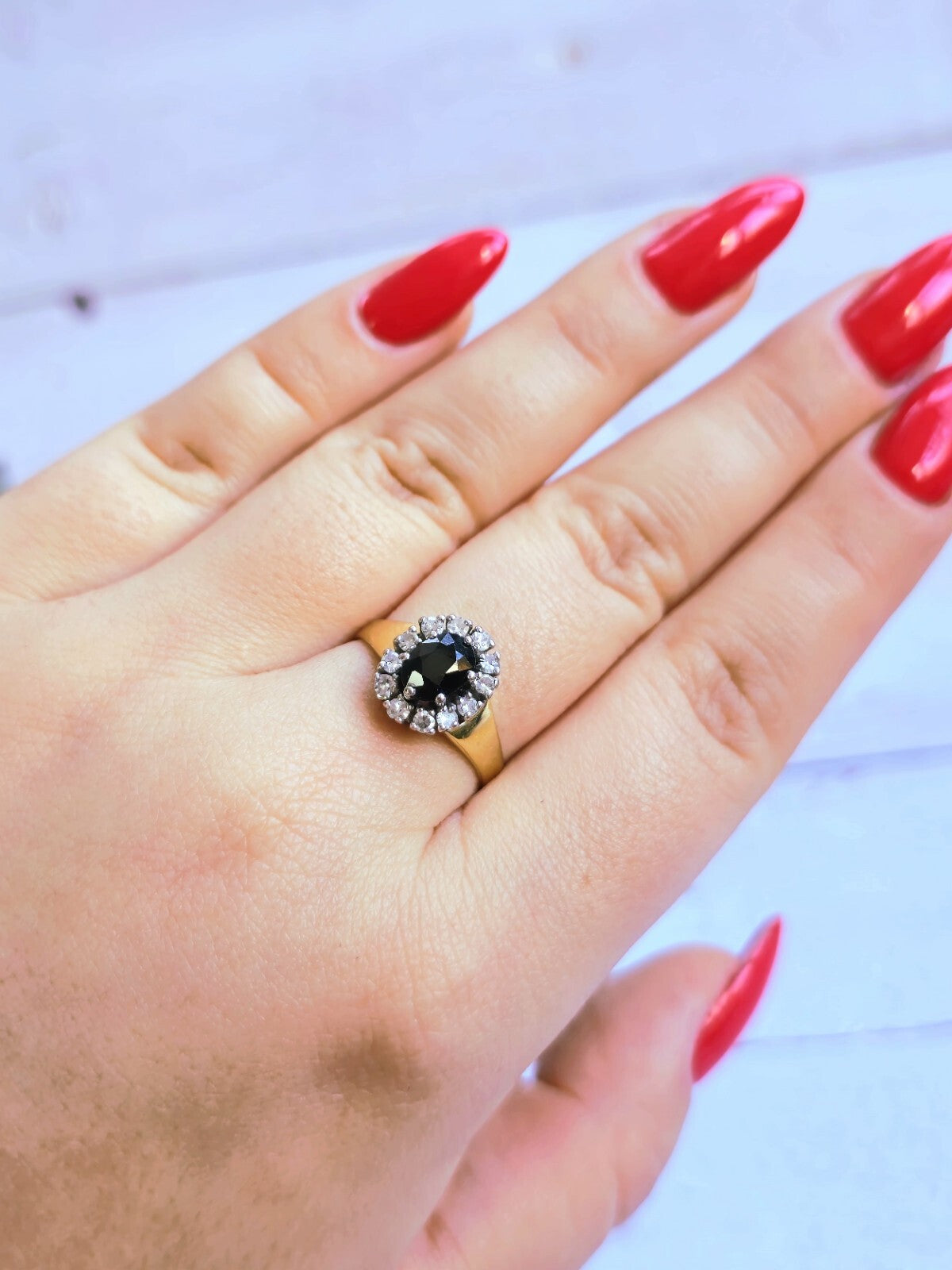 18ct Yellow Gold Sapphire/Diamond Ring Engagement Cocktail Diana Style size P+