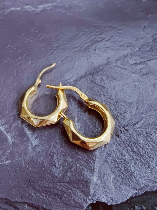 NEW Solid 9ct Yellow Gold Creole Hoop Earrings 15mm Sleepers Diamond cut