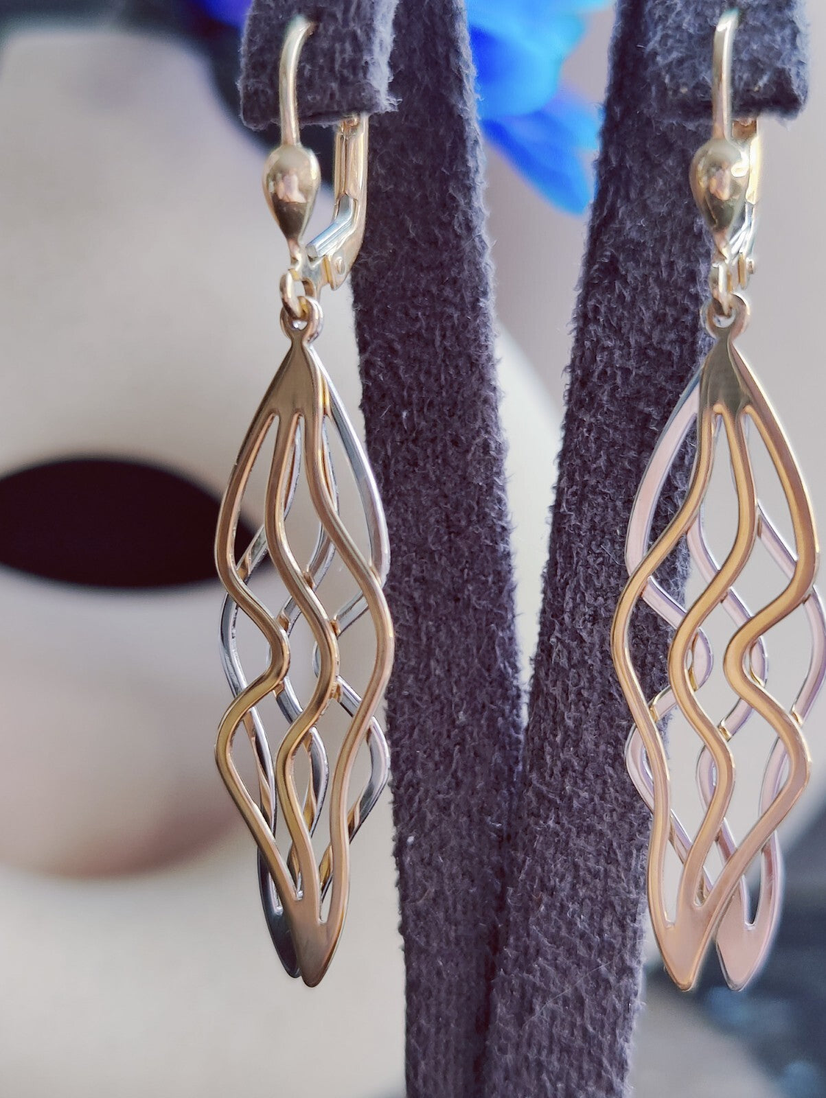 9ct Yellow/White Gold Solid Drop Earrings Long 50mm Leaf Motif Waves Lever Back