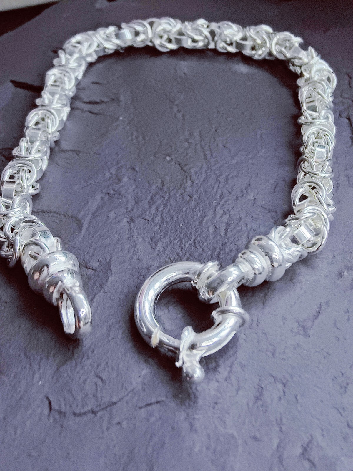 925 Sterling Silver Chunky Heavy Chain Bracelet 19grams Round Byzantine 6mm