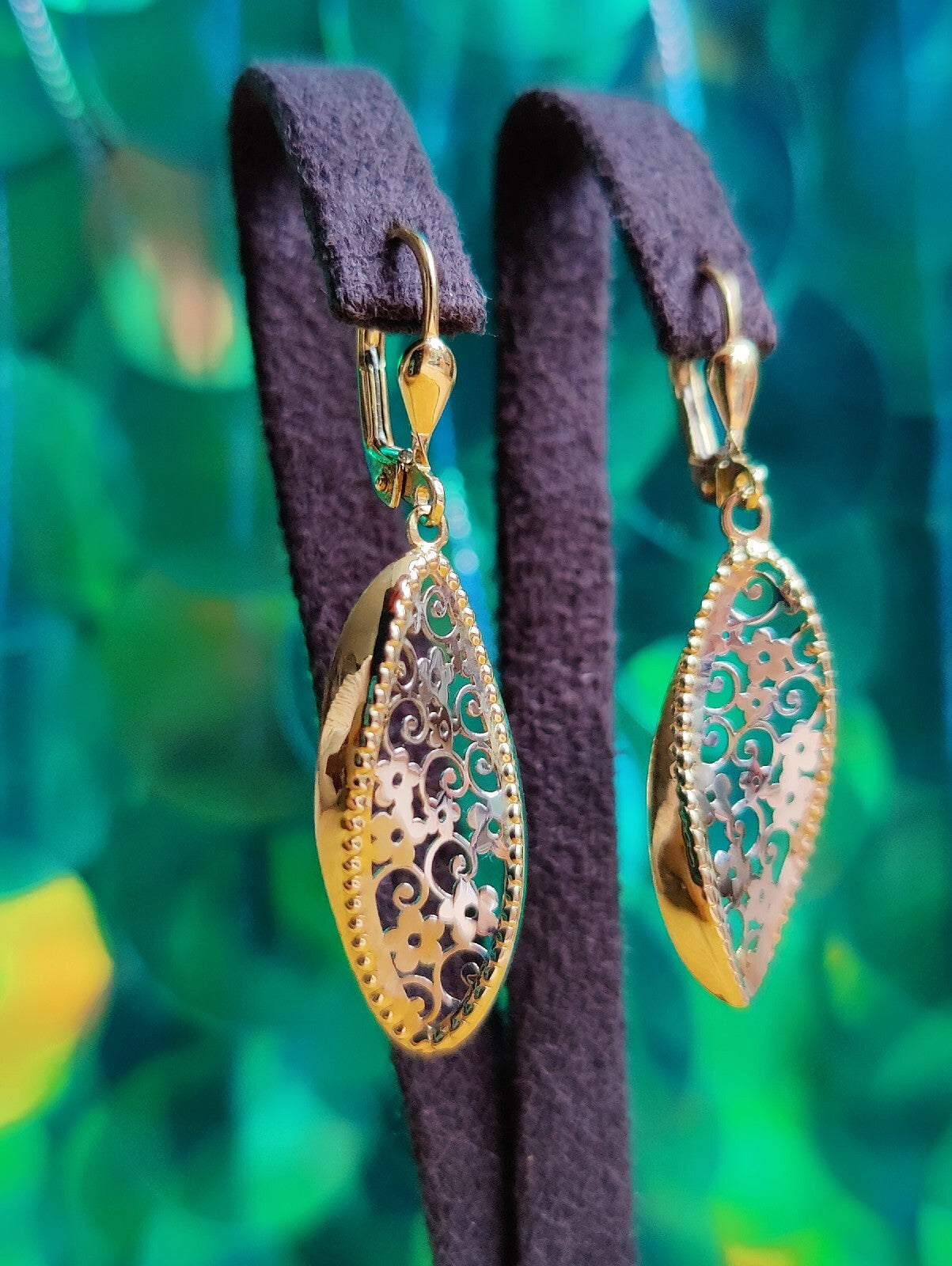 New Drop Earrings 9ct Yellow/White Gold Leverback Hallmarked Floral Pattern