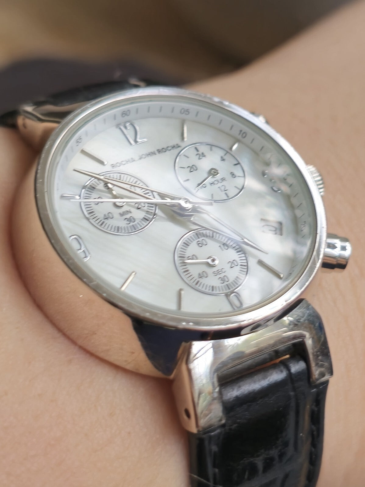 Beautiful Rocha John Rocha Watch Mother of Pearl Dial Leather Strap Chronograph