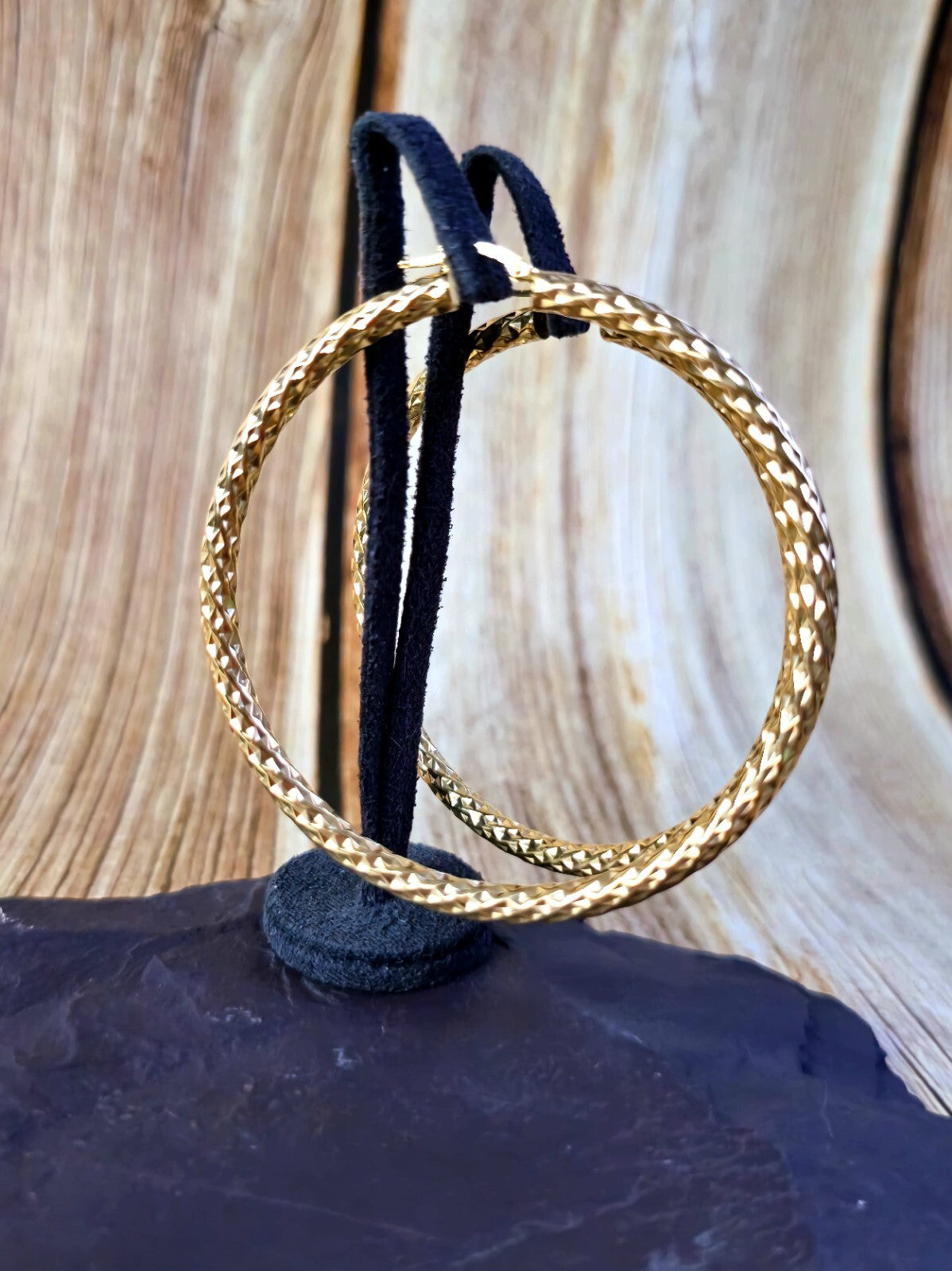 Big 9ct Yellow Gold Twisted Hoop Earrings Twist Hoops 67mm Diamond Cut Pattern
