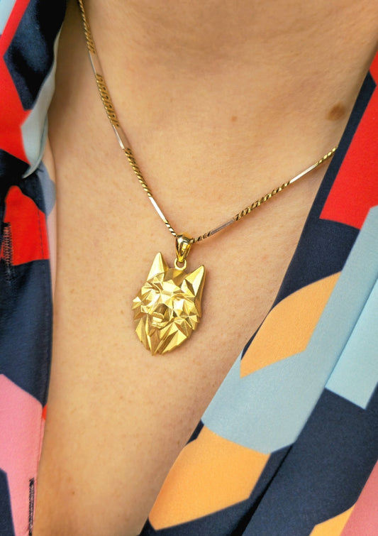 New Sterling Silver (925) Gold Plated Wolf Head Pendant 3D Geometrical Shape
