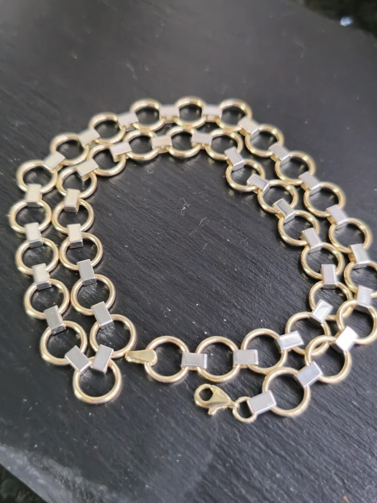 New Fancy 9ct Yellow/White Gold Necklace Collar Chocker Circles/Bars Lovely 11g