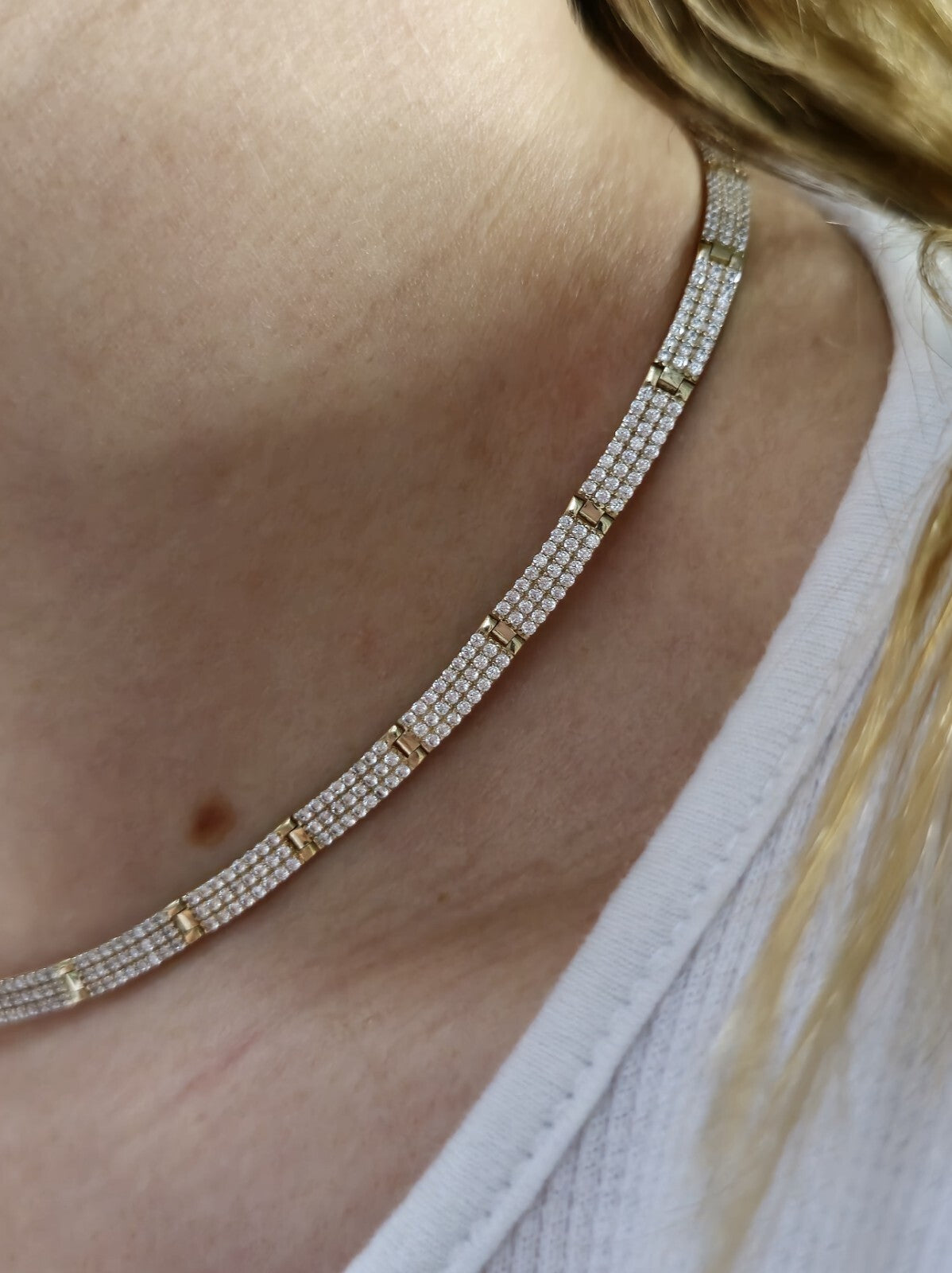 New Iced/Loaded Solid 9ct Yellow Gold Collar/Necklace 7.5inch C/Z Pave Hallmark