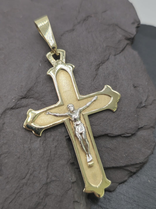 Lovely New Solid 9ct Yellow Gold Cross with Jesus Pendant 55x30mm Matt Finish