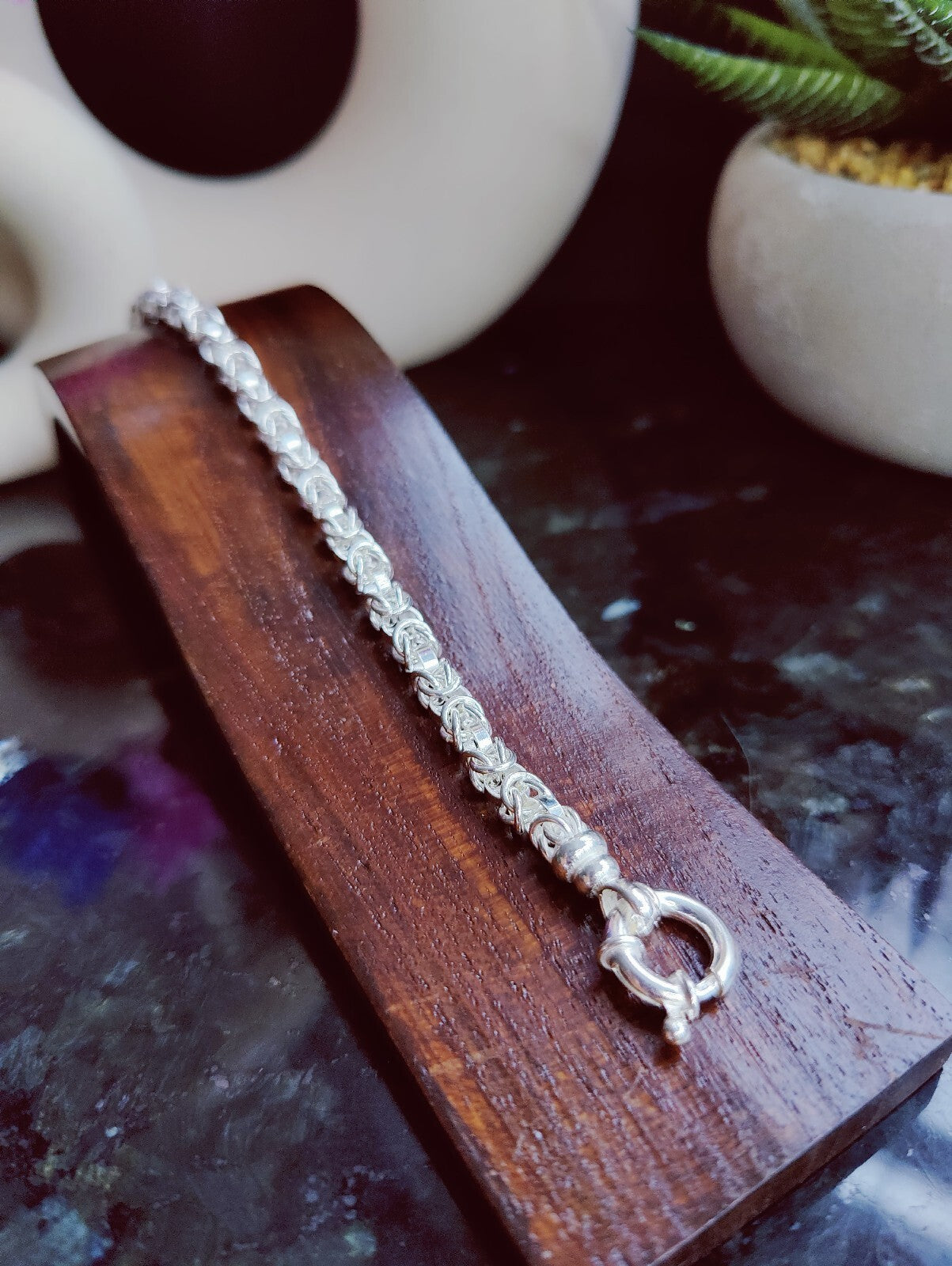925 Sterling Silver Chunky Heavy Chain Bracelet 19grams Round Byzantine 6mm