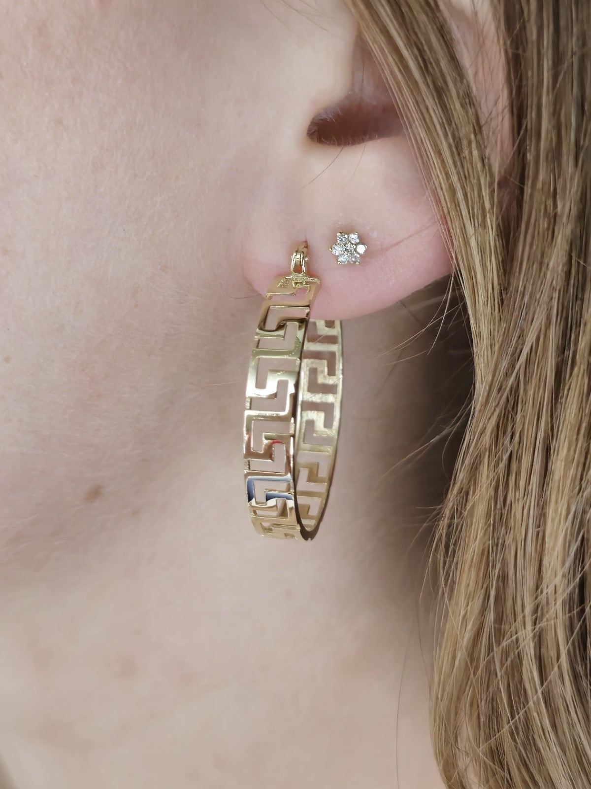 NEW 9ct Yellow Gold Solid Hoop Greek Key Earrings See Through Wide Hoops