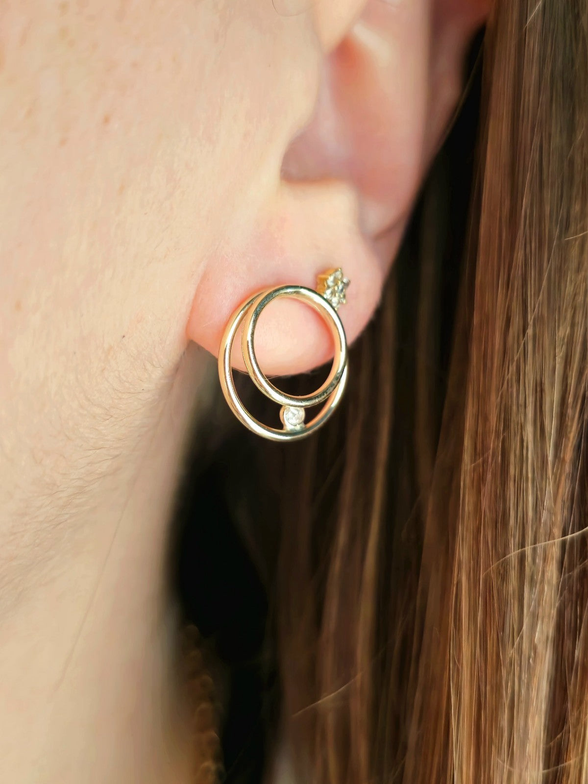 NEW 9ct Yellow Gold Solid Double Circle Earrings with Cubic Zirconia Elegant