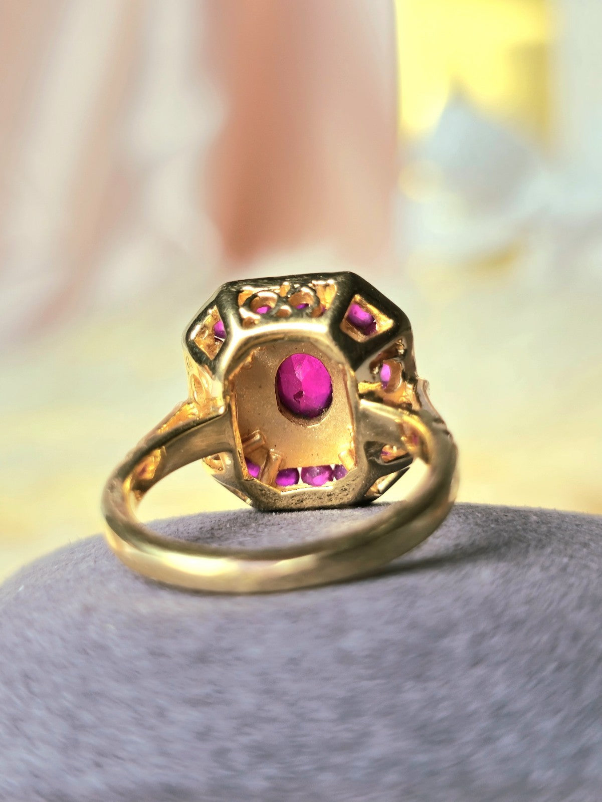 New 18ct Yellow Gold Coctail Square Ruby Ring with 1ct Oval Ruby