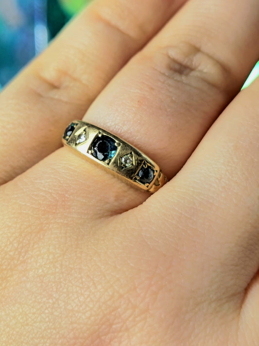 9ct Yellow Gold Sapphire/Diamond Ring Vintage Band size L+ 3.2g Hallmarked