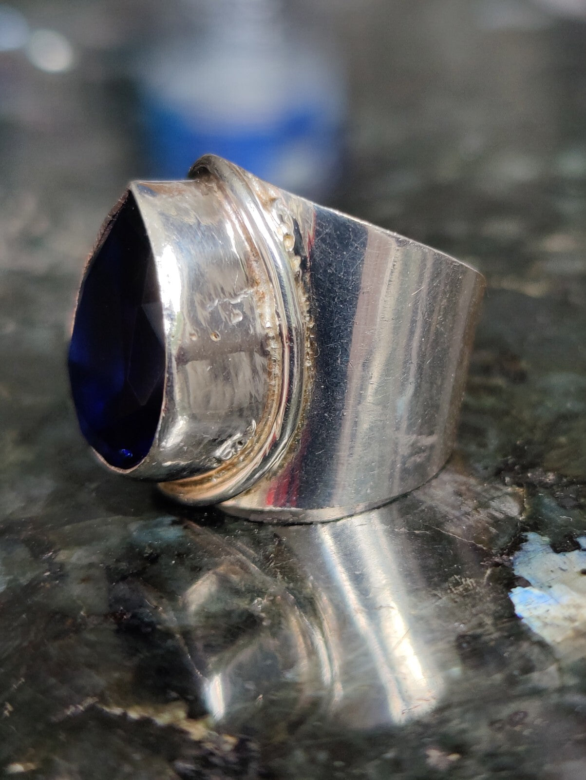 Sterling Silver 925 Ring with Big Blue Pear Shape Stone, Dress, Coctail, size K