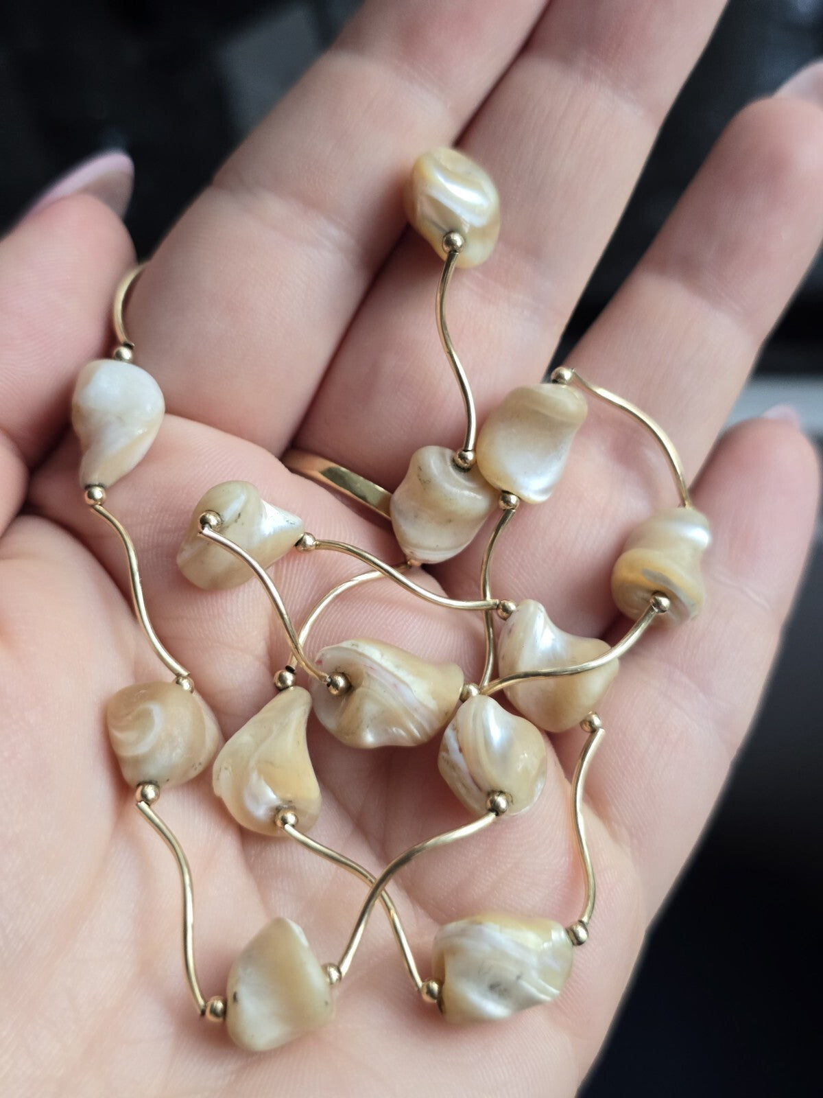 9K Yellow Gold Bars And Natural Baroque Pearls 18inch Necklace 16.5grams