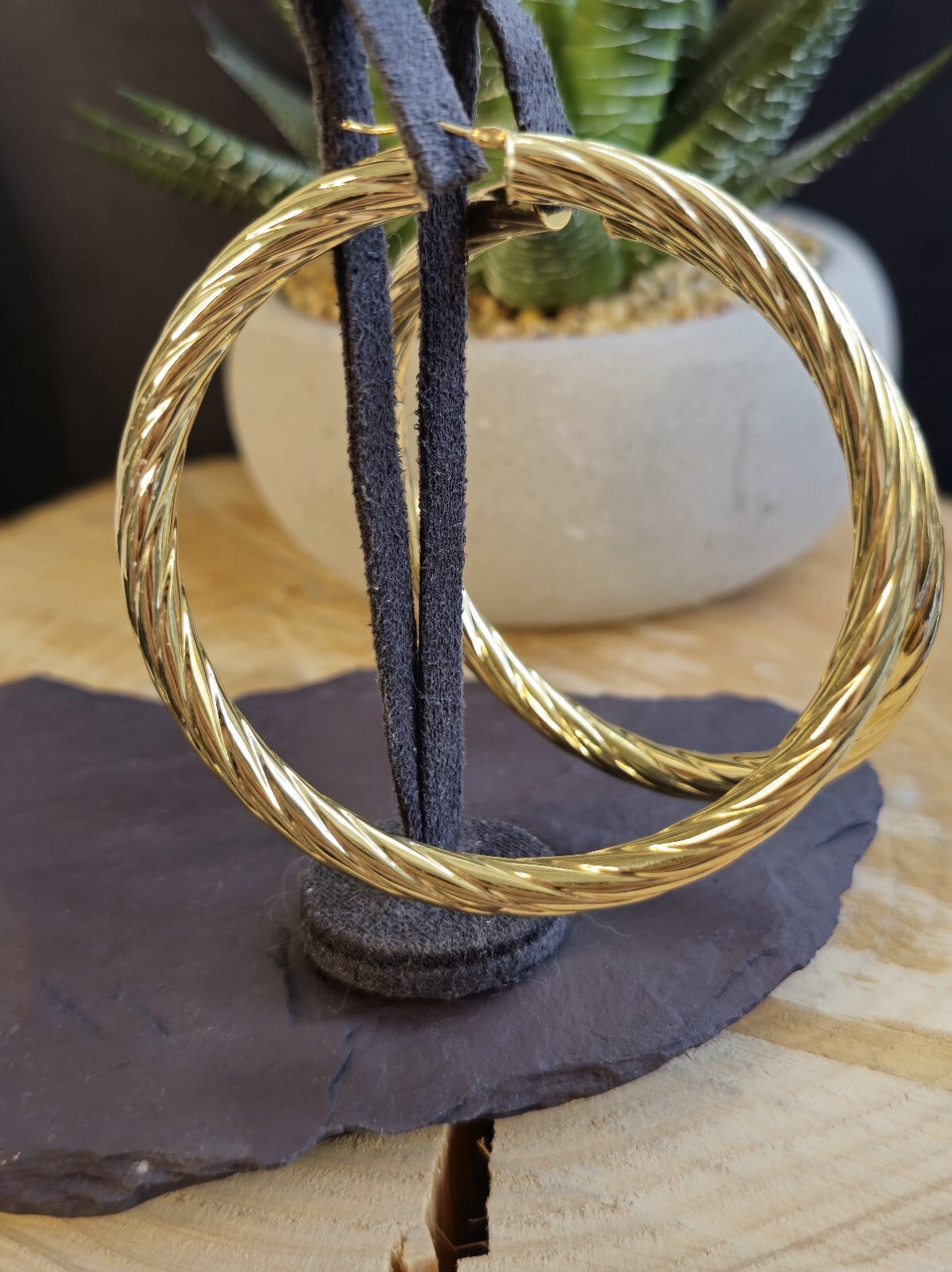 Big 9ct Yellow Gold Twisted Hoop Earrings Creole Huge Twist Hoops 60mm 9g