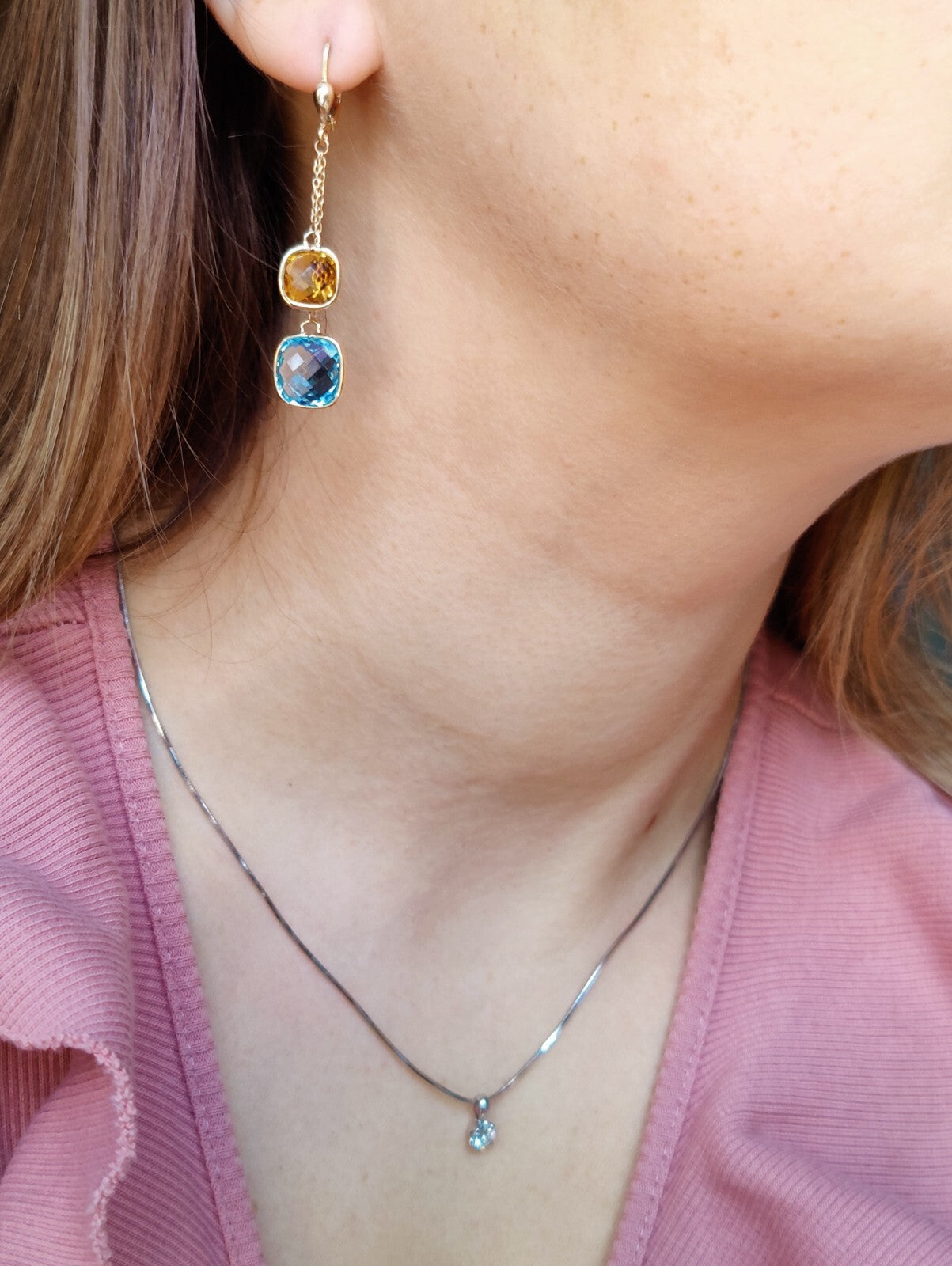 New 9ct Gold Drop Earrings 5grams Blue Topaz and Citrine Big Stones Hallmarked