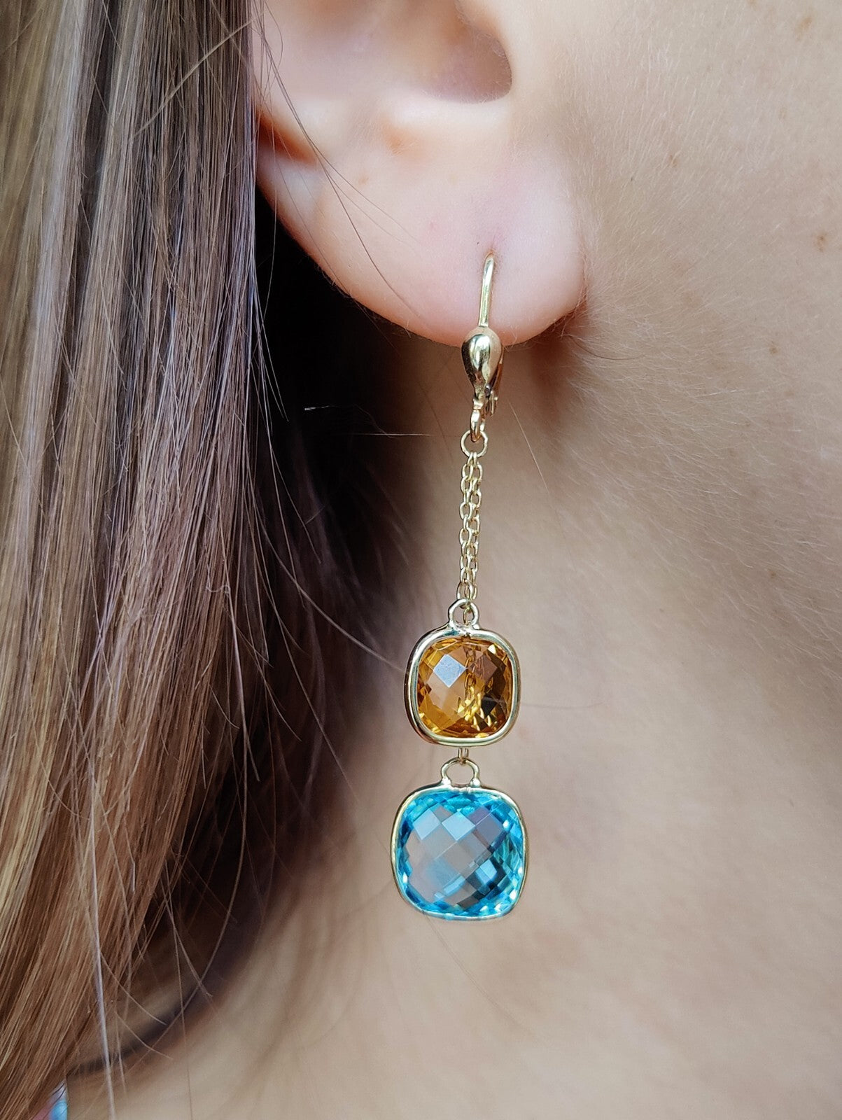 New 9ct Gold Drop Earrings 5grams Blue Topaz and Citrine Big Stones Hallmarked