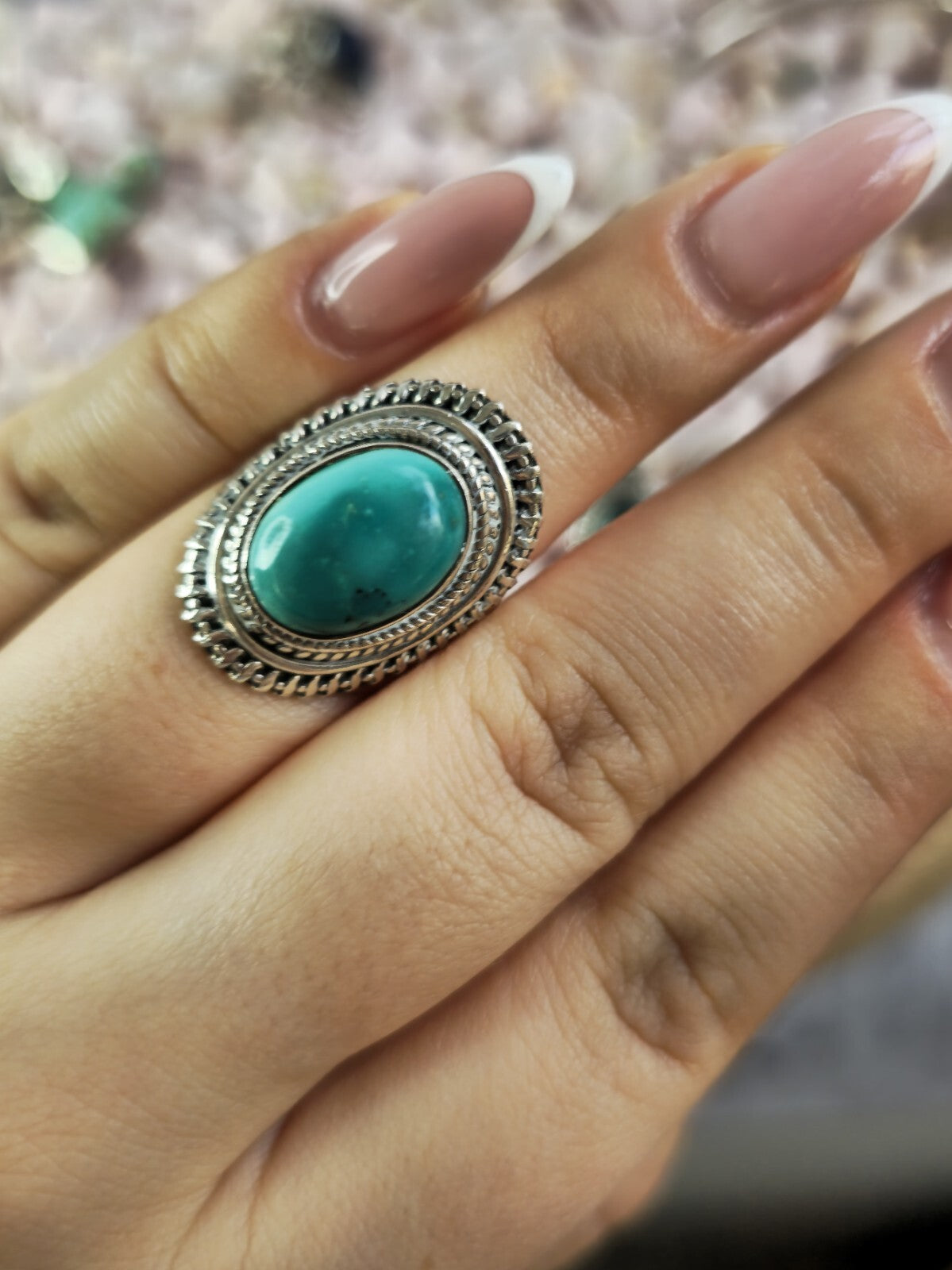 Vintage Like Sterling Silver Dress Cocktail Ring with Cabochon Turquoise size N+