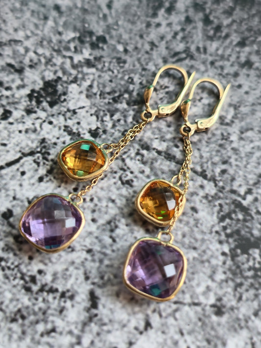 New 9ct Yellow Gold Drop Earrings 5grams Amethyst and Citrine Big Stones