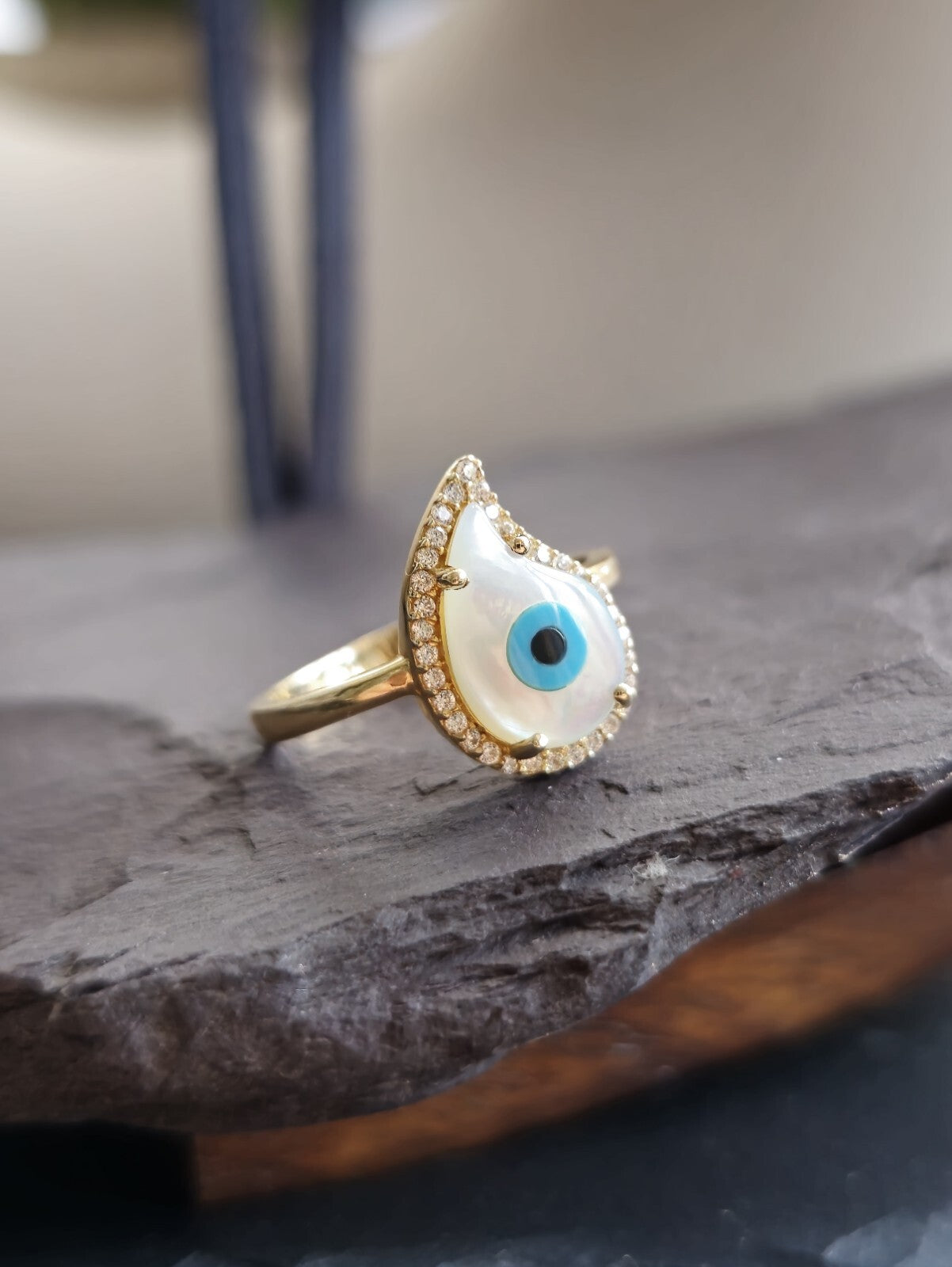 14k Yellow Gold Evil Eye Set of Ring and Earrings English Clasp