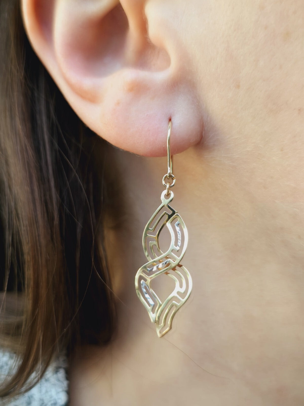 9ct Solid Yellow/White Long Drop Earrings Diamond Cut Eternity Motif Hook